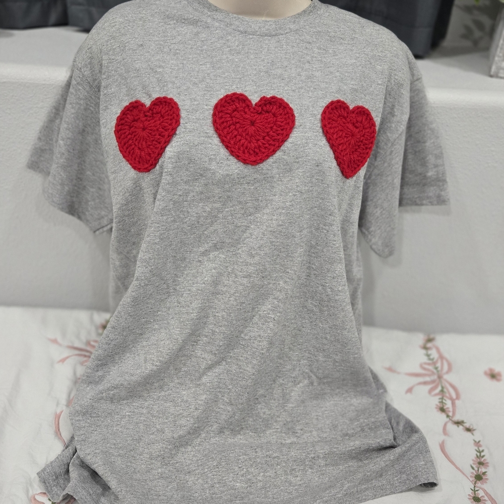 Gildan Gray Tee with Red Crochet Heart Accents